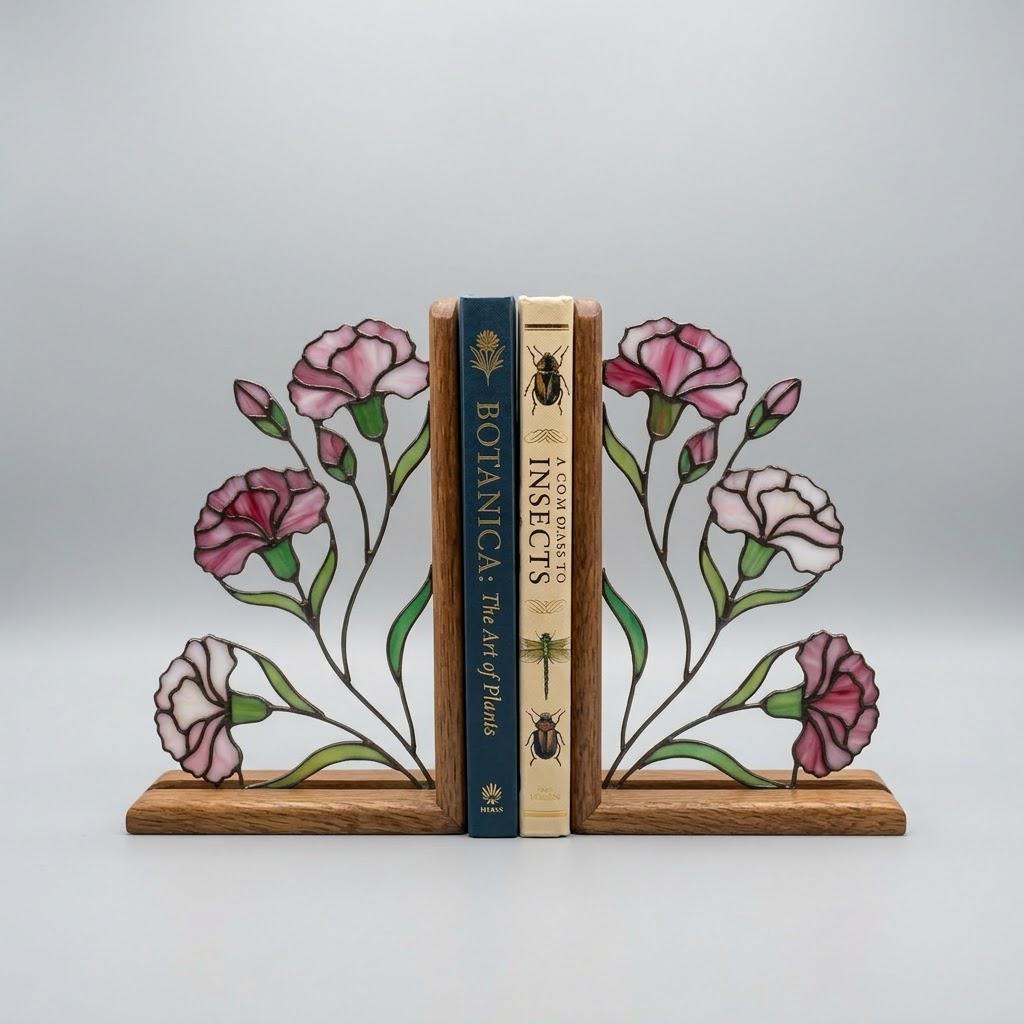 Handmade stained glass pink carnation flower bookends on premium solid wood bases, beautiful Mother's Day gift and january birth flower botanical shelf decor.