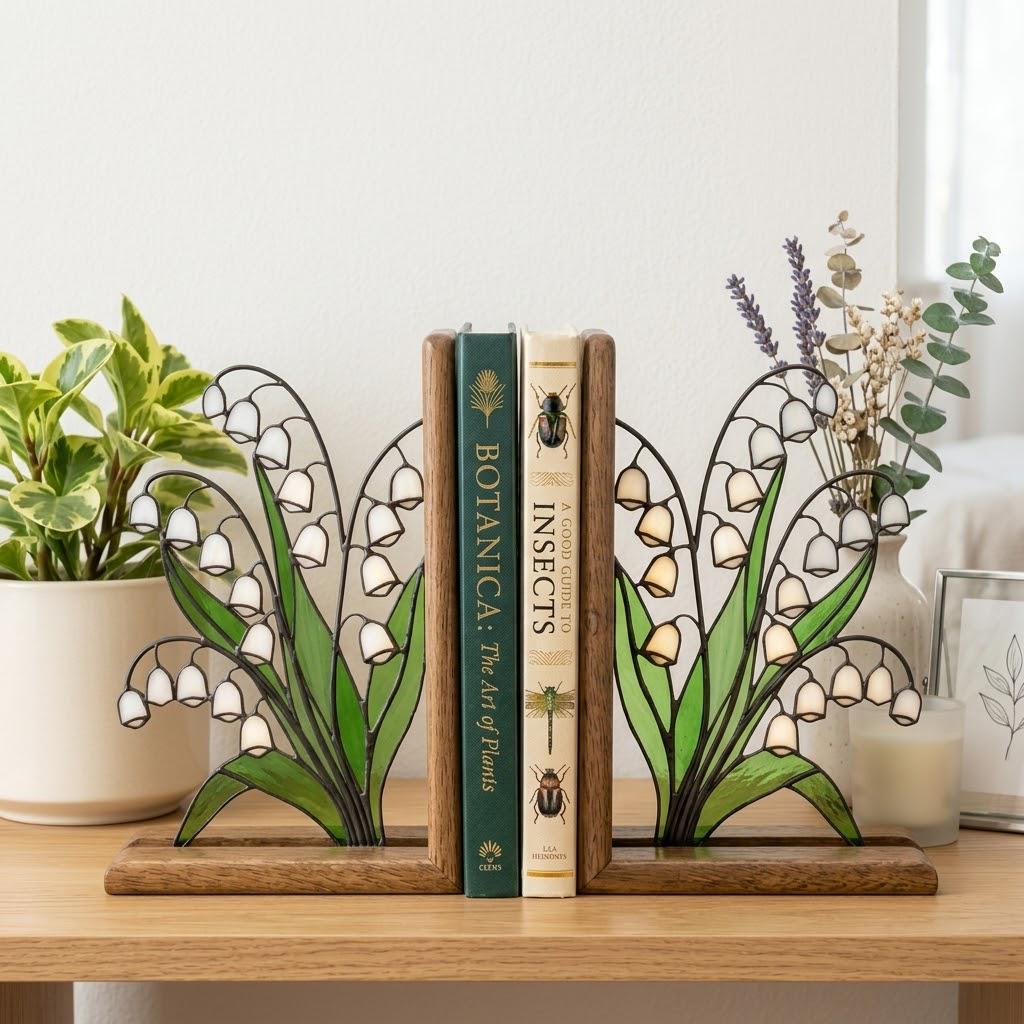 Handmade stained glass white lily of the valley flower bookends on solid wood bases, beautiful May birth flower botanical shelf decor and Mother's Day gift.