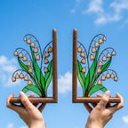 Handmade stained glass white lily of the valley flower bookends on solid wood bases, beautiful May birth flower botanical shelf decor and Mother's Day gift.