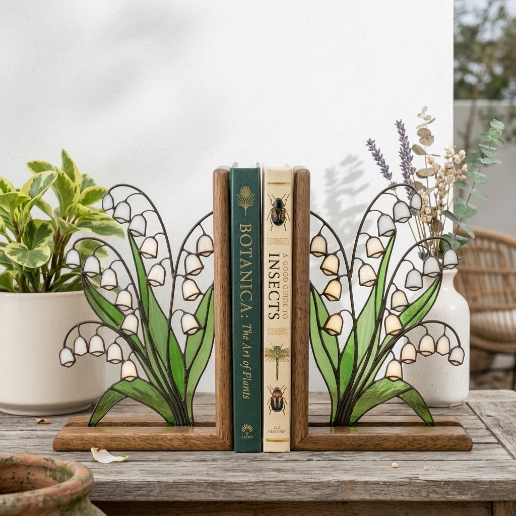 Handmade stained glass white lily of the valley flower bookends on solid wood bases, beautiful May birth flower botanical shelf decor and Mother's Day gift.