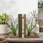Handmade stained glass white lily of the valley flower bookends on solid wood bases, beautiful May birth flower botanical shelf decor and Mother's Day gift.