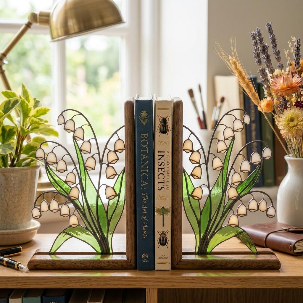 Handmade stained glass white lily of the valley flower bookends on solid wood bases, beautiful May birth flower botanical shelf decor and Mother's Day gift.