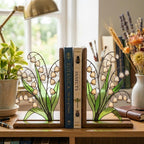 Handmade stained glass white lily of the valley flower bookends on solid wood bases, beautiful May birth flower botanical shelf decor and Mother's Day gift.