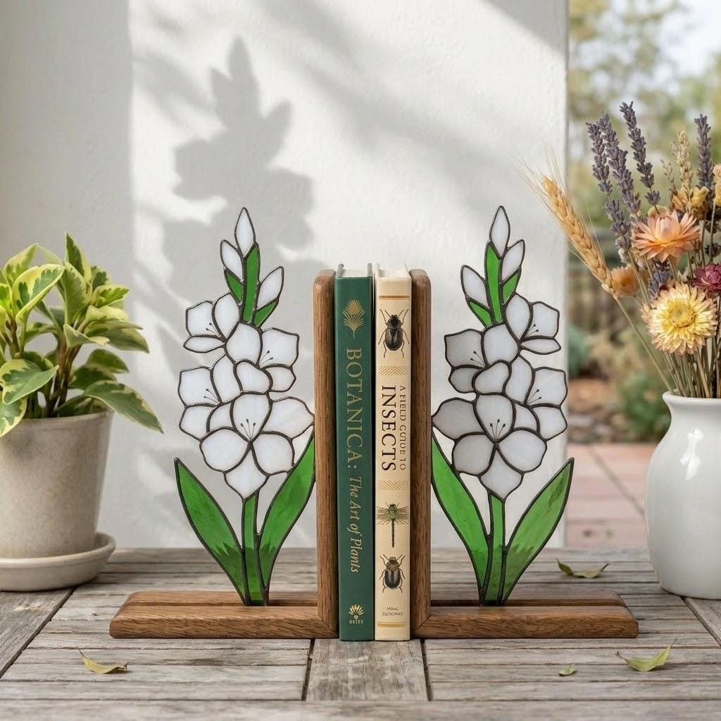 Handmade stained glass white gladiolus flower bookends on premium wood bases presented in a gift box, elegant august birth flower shelf decor.