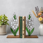 Handmade stained glass white gladiolus flower bookends on premium wood bases presented in a gift box, elegant august birth flower shelf decor.