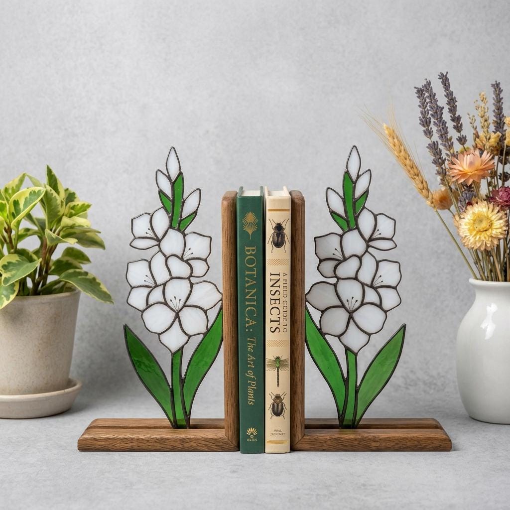 Handmade stained glass white gladiolus flower bookends on premium wood bases presented in a gift box, elegant august birth flower shelf decor.