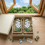 Handmade stained glass white gladiolus flower bookends on premium wood bases presented in a gift box, elegant august birth flower shelf decor.