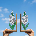 Handmade stained glass white gladiolus flower bookends on premium wood bases presented in a gift box, elegant august birth flower shelf decor.