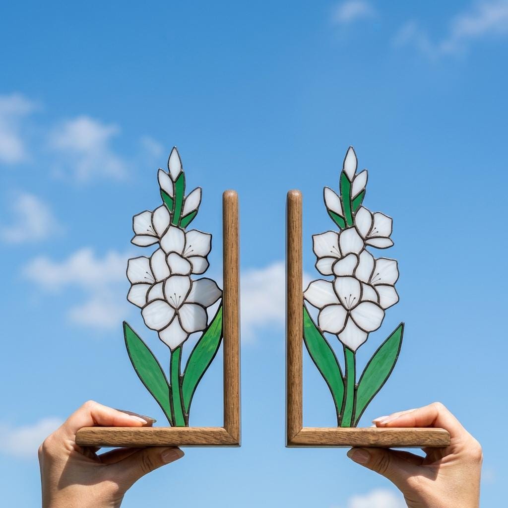 Handmade stained glass white gladiolus flower bookends on premium wood bases presented in a gift box, elegant august birth flower shelf decor.