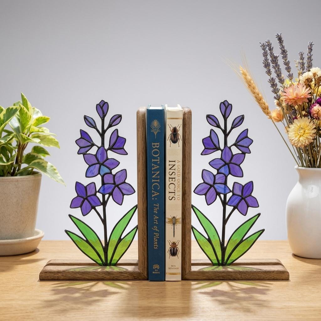 Handmade stained glass purple larkspur flower bookends on premium wood bases casting colorful shadows, beautiful July birth flower botanical shelf decor.