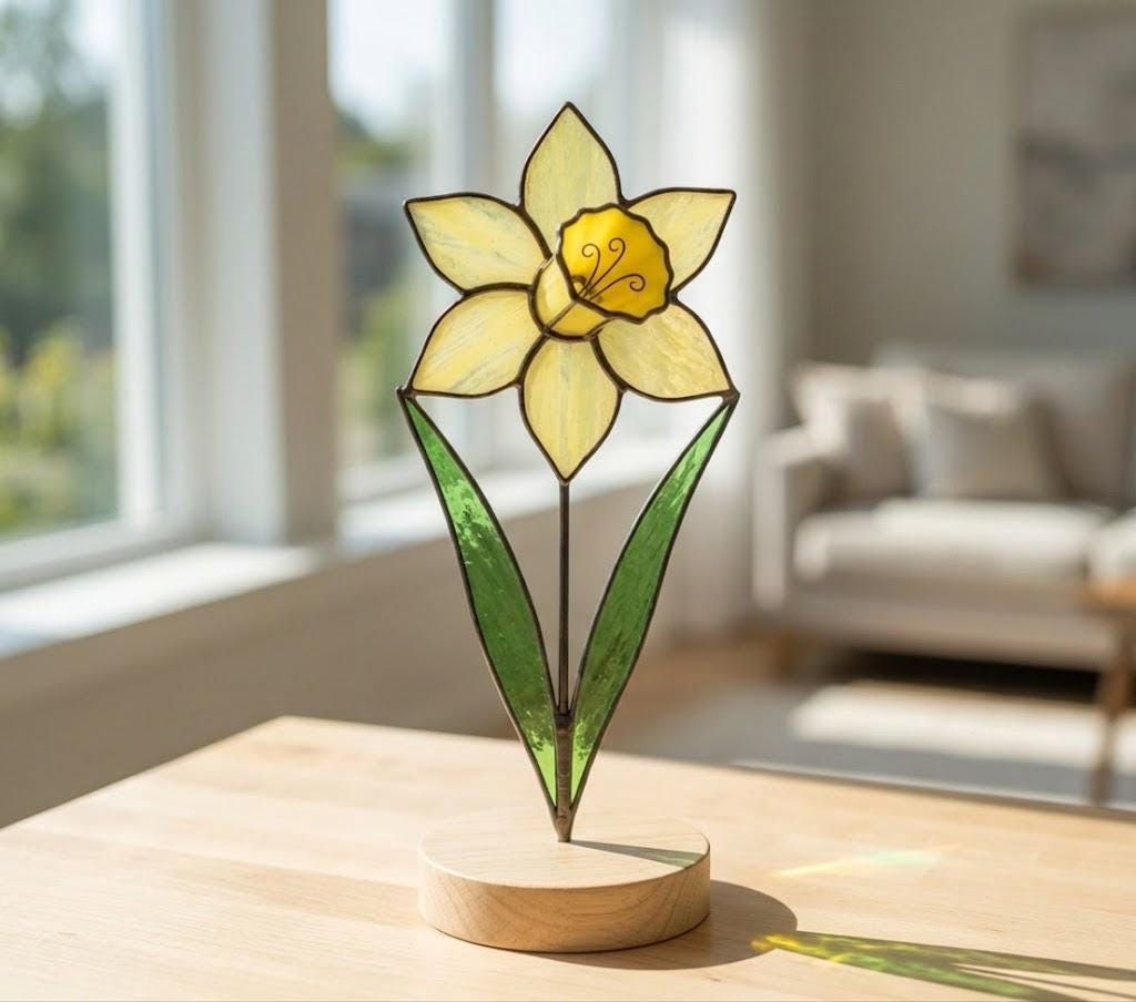 Daffodil Stained Glass Flower Spring Flower Decor for Window or Table Handmade Botanical Art Mother's Day Gift
