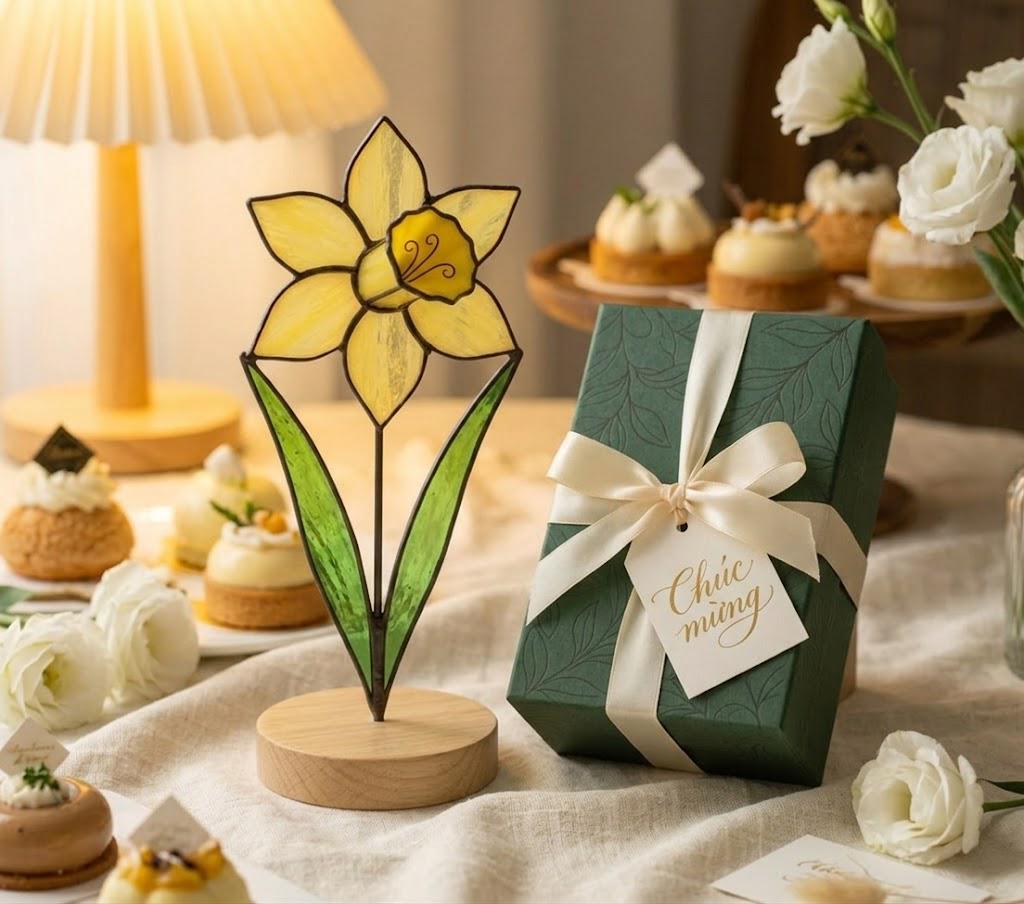 Daffodil Stained Glass Flower Spring Flower Decor for Window or Table Handmade Botanical Art Mother's Day Gift