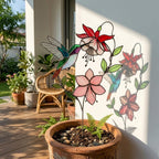 Handmade stained glass hummingbird and pink fuchsia flower plant stake decor in a potted plant, beautiful spring suncatcher and Mother's Day gift.