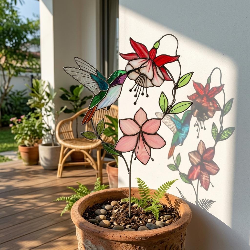 Handmade stained glass hummingbird and pink fuchsia flower plant stake decor in a potted plant, beautiful spring suncatcher and Mother's Day gift.