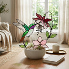 Handmade stained glass hummingbird and pink fuchsia flower plant stake decor in a potted plant, beautiful spring suncatcher and Mother's Day gift.