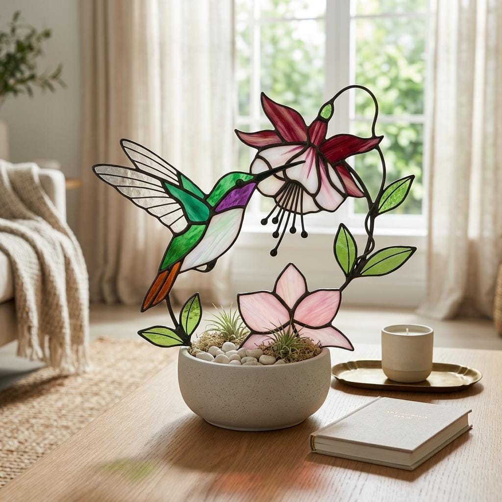 Handmade stained glass hummingbird and pink fuchsia flower plant stake decor in a potted plant, beautiful spring suncatcher and Mother's Day gift.