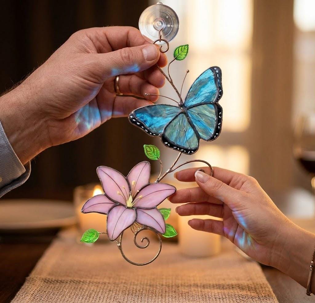 Handmade stained glass monarch and blue morpho butterfly with lily flower suncatcher window hanging decor, perfect mothers day and memorial gift.