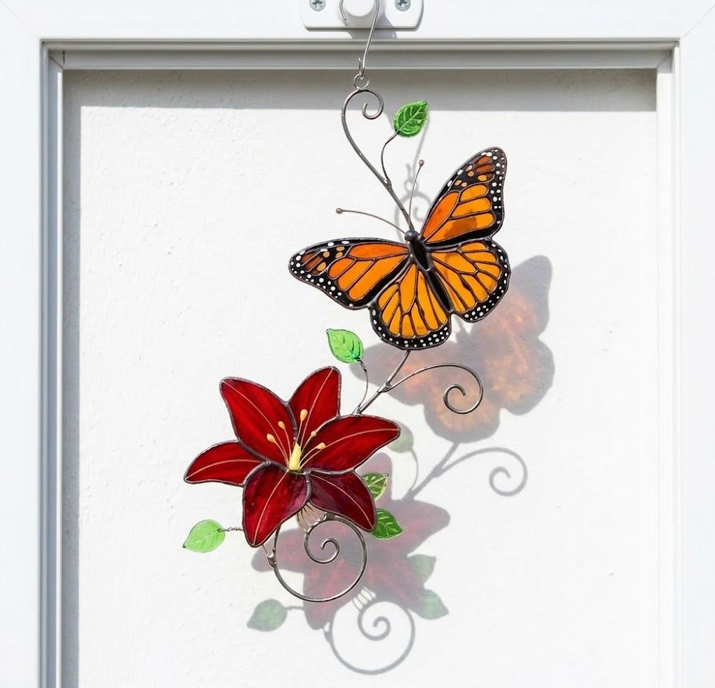 Handmade stained glass monarch and blue morpho butterfly with lily flower suncatcher window hanging decor, perfect mothers day and memorial gift.