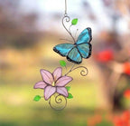 Handmade stained glass monarch butterfly and pink lily flower suncatcher, perfect spring window art, fairycore room decor and gift for grandma.