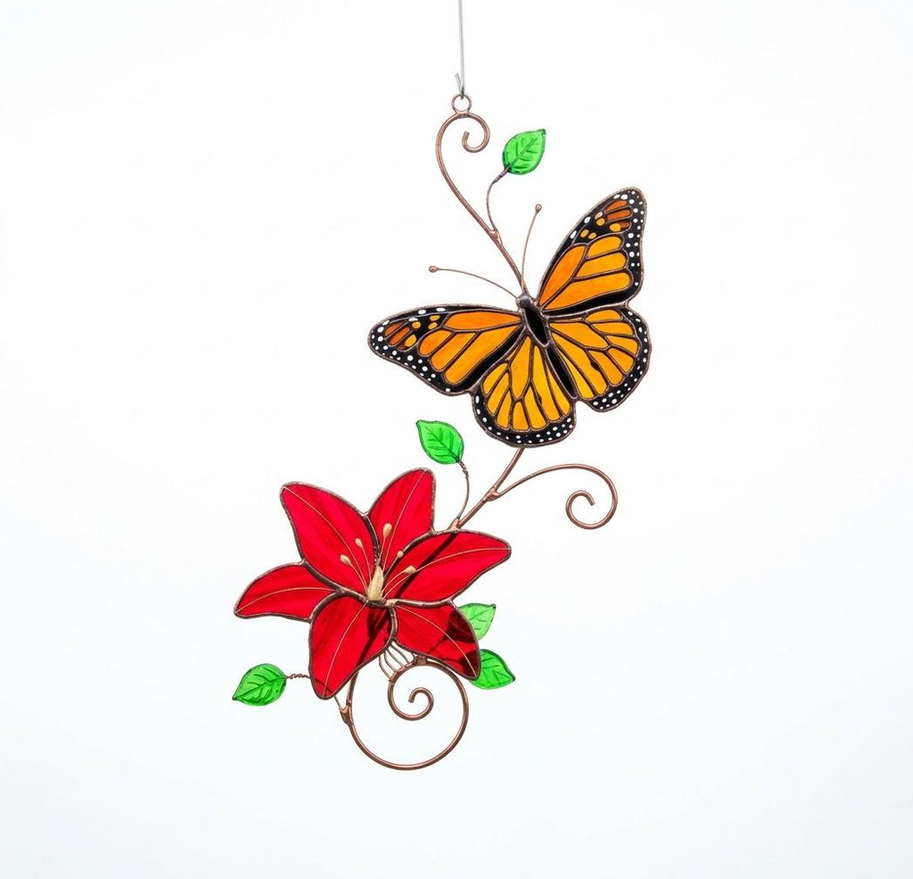 Handmade stained glass monarch butterfly and pink lily flower suncatcher, perfect spring window art, fairycore room decor and gift for grandma.