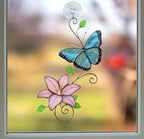 Handmade stained glass monarch butterfly and pink lily flower suncatcher, perfect spring window art, fairycore room decor and gift for grandma.