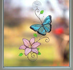 Handmade stained glass monarch and blue morpho butterfly with lily flower suncatcher window hanging decor, perfect mothers day and memorial gift.