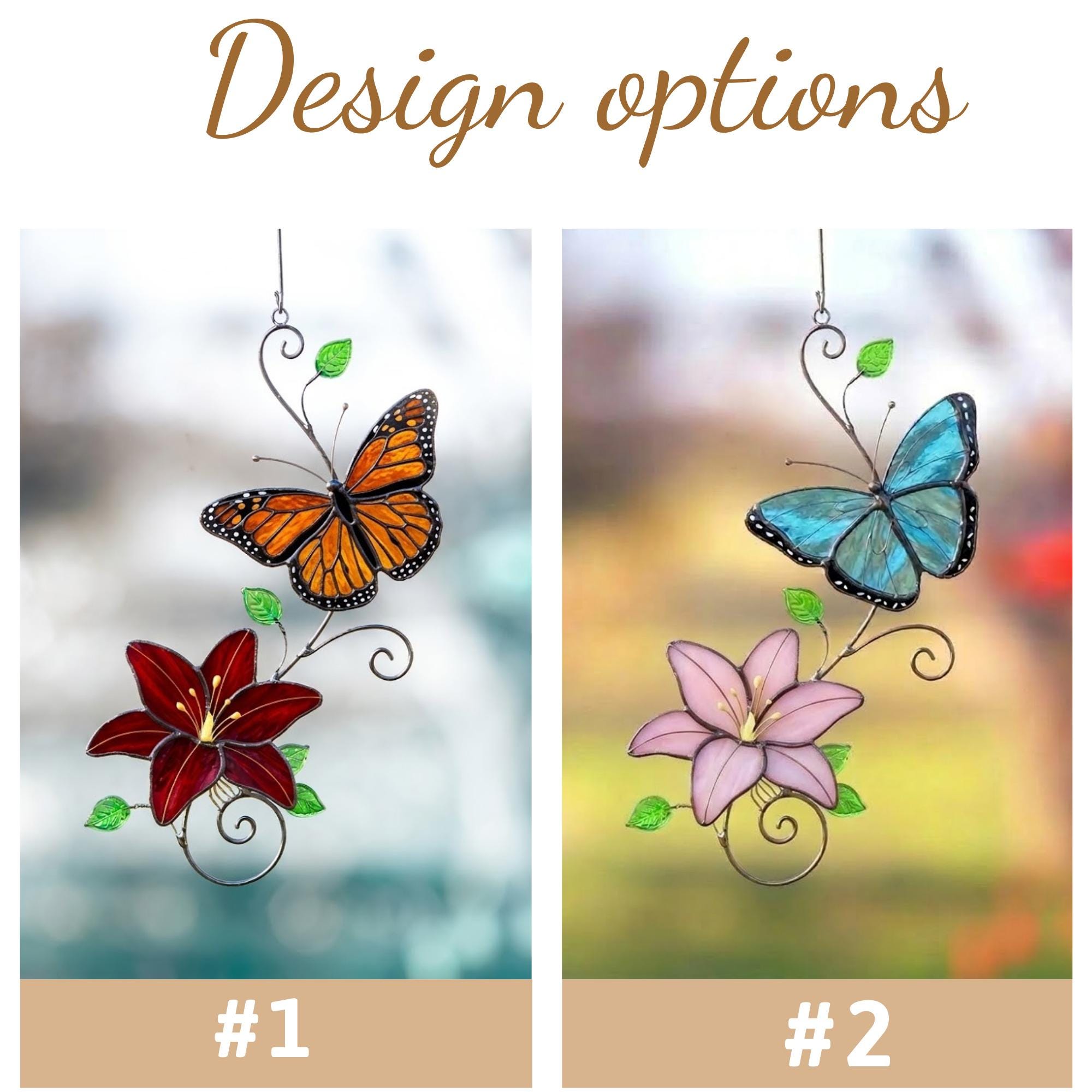 Handmade stained glass monarch and blue morpho butterfly with lily flower suncatcher window hanging decor, perfect mothers day and memorial gift.