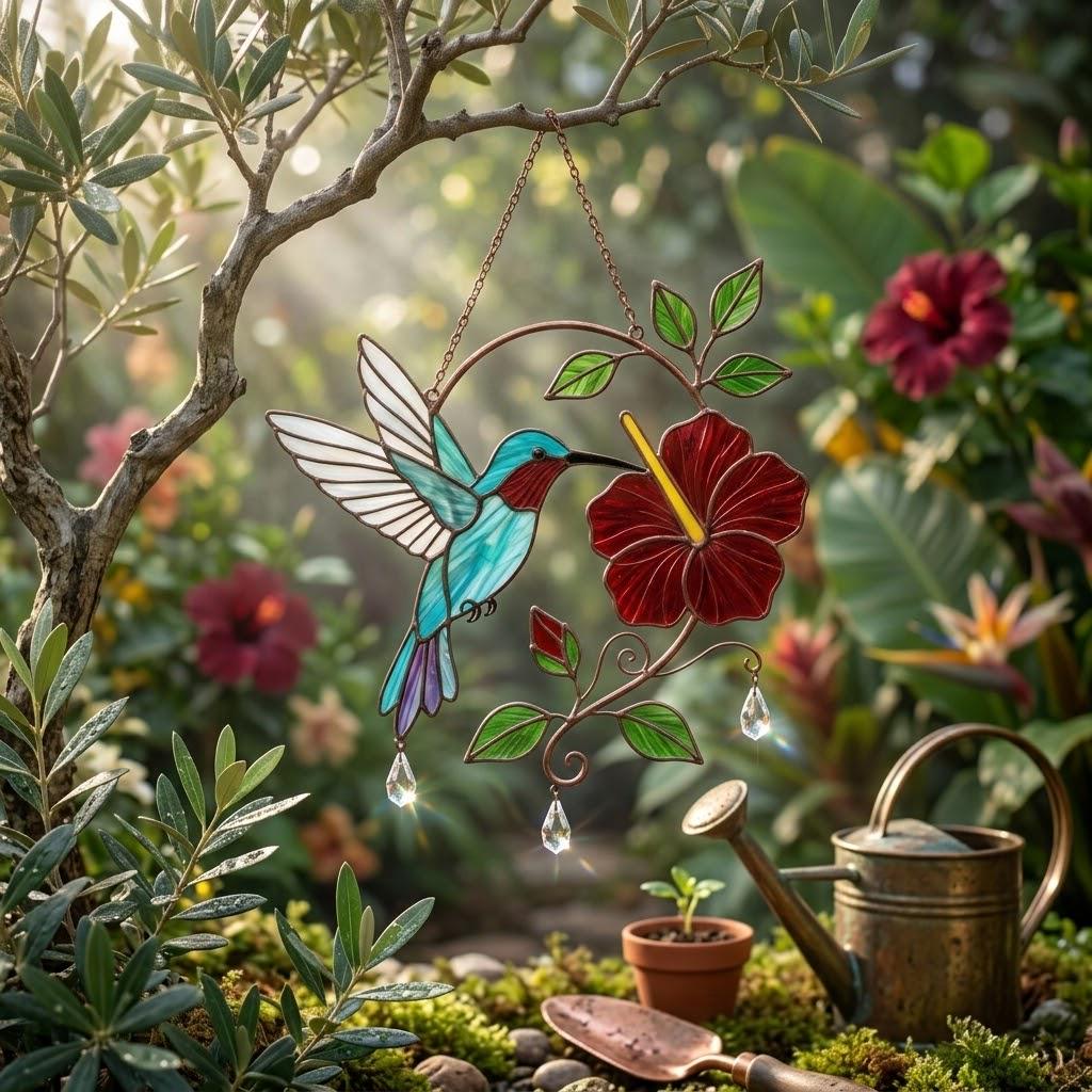 Hummingbird Stained Glass Suncatcher | Hibiscus Flower Window Hanging | Crystal Prism Maker | Mother's Day Gift for Mom | Memorial Decor