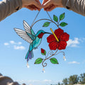 Hummingbird Stained Glass Suncatcher | Hibiscus Flower Window Hanging | Crystal Prism Maker | Mother's Day Gift for Mom | Memorial Decor