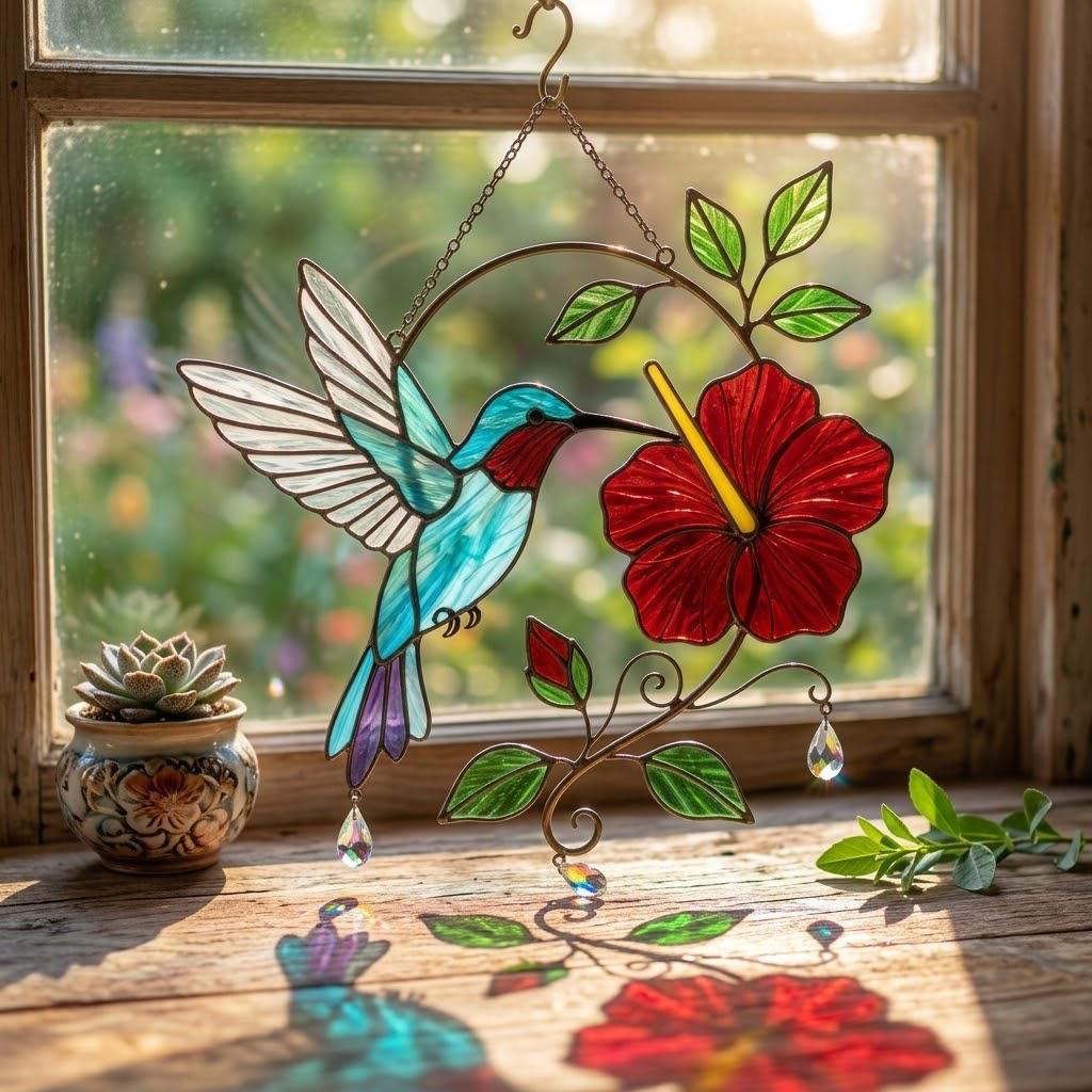 Hummingbird Stained Glass Suncatcher | Hibiscus Flower Window Hanging | Crystal Prism Maker | Mother's Day Gift for Mom | Memorial Decor