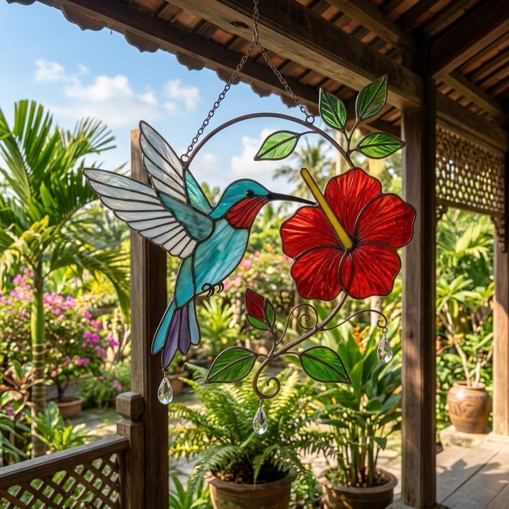 Hummingbird Stained Glass Suncatcher | Hibiscus Flower Window Hanging | Crystal Prism Maker | Mother's Day Gift for Mom | Memorial Decor