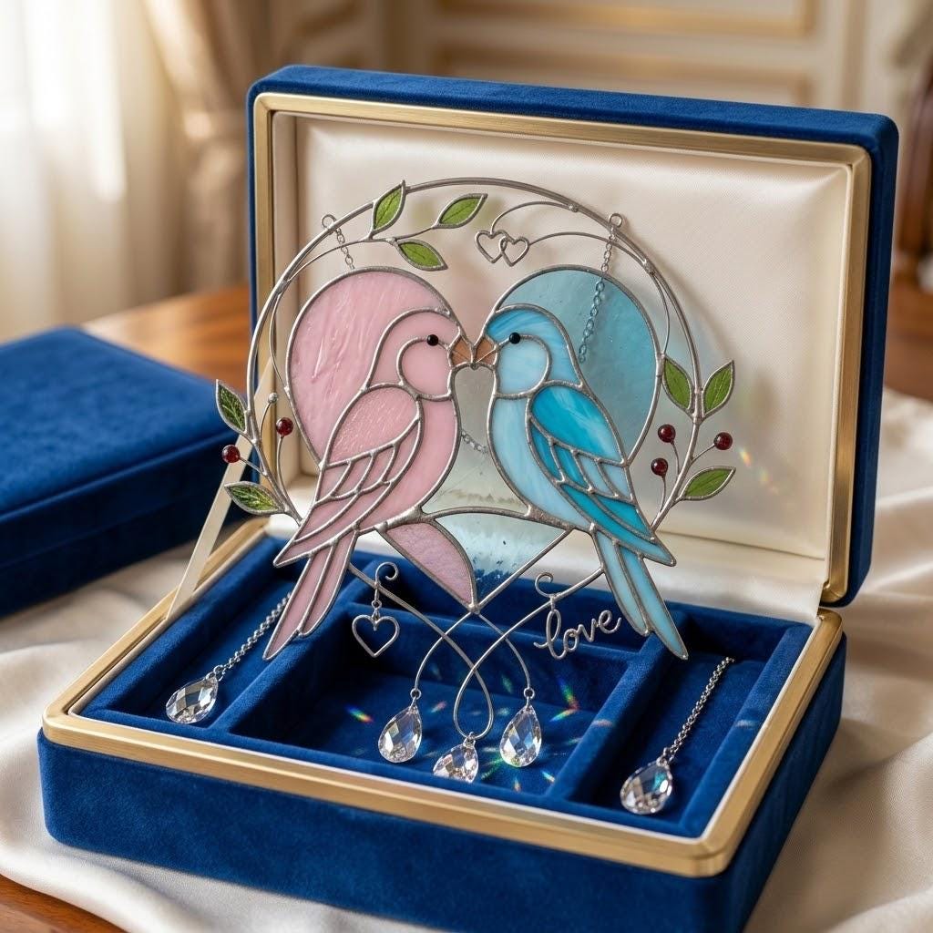 Handmade stained glass pink and blue lovebirds heart suncatcher with crystal prisms and love wire sign, romantic anniversary gift for wife or wedding gift for couple packaged in premium velvet box.