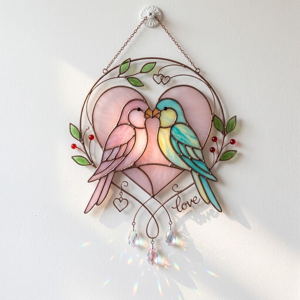 Handmade stained glass pink and blue lovebirds heart suncatcher with crystal prisms and love wire sign, romantic anniversary gift for wife or wedding gift for couple packaged in premium velvet box.