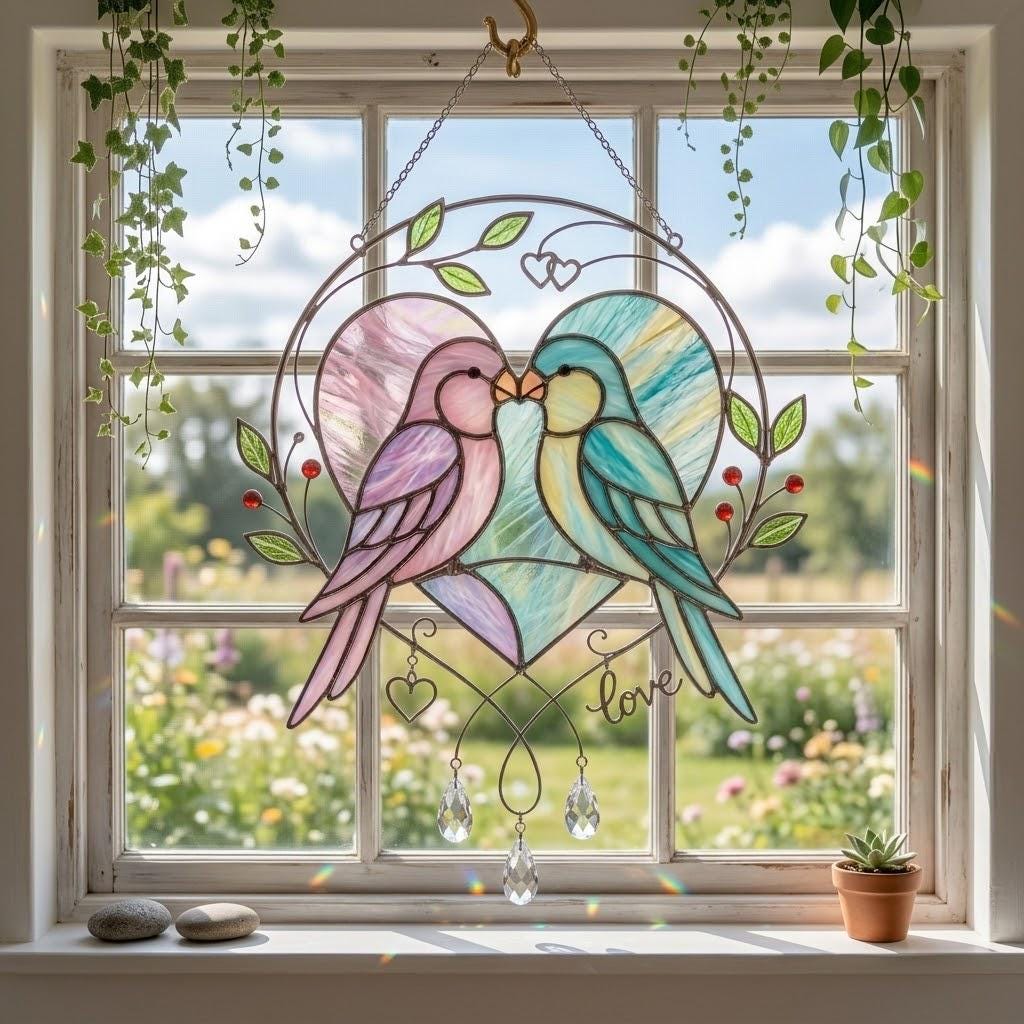 Handmade stained glass pink and blue lovebirds heart suncatcher with crystal prisms and love wire sign, romantic anniversary gift for wife or wedding gift for couple packaged in premium velvet box.