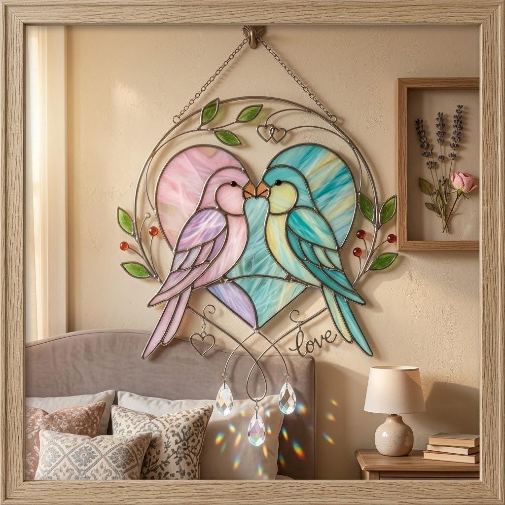 Handmade stained glass pink and blue lovebirds heart suncatcher with crystal prisms and love wire sign, romantic anniversary gift for wife or wedding gift for couple packaged in premium velvet box.