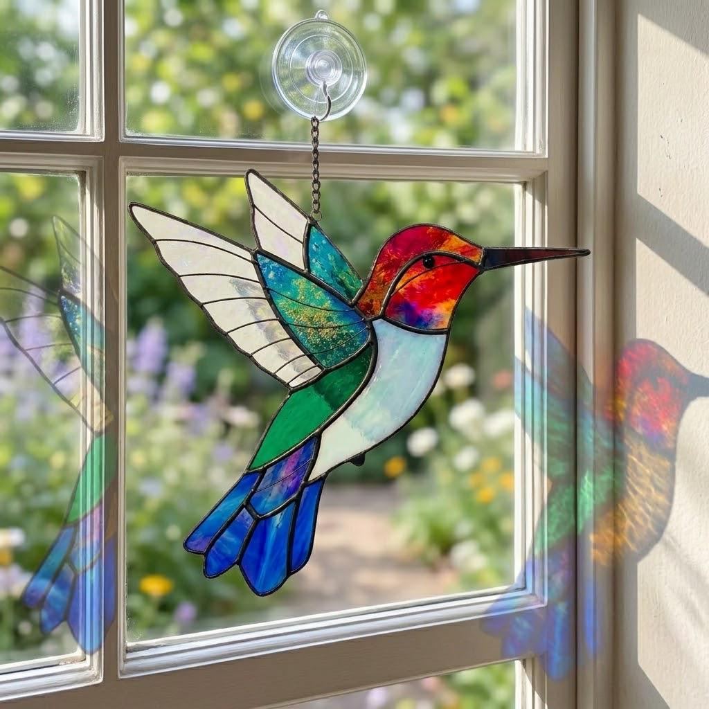 Stained Glass Hummingbird Suncatcher Mother's Day Gift for Mom Memorial Sympathy Gift Bird Window Decor Spring Sun Catcher Art