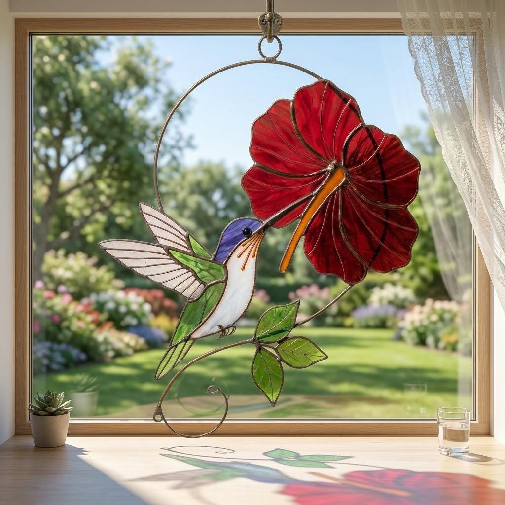 Handmade hummingbird and red hibiscus flower stained glass suncatcher casting vibrant colored shadows, perfect tropical botanical decor and memorial gift for mom.