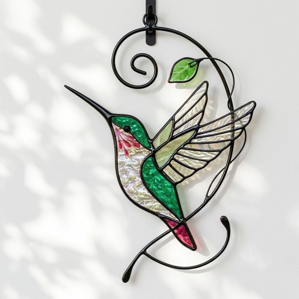 Handcrafted stained glass hummingbird and floral suncatchers in a circular metal hoop, casting colored shadows, packaged in a luxury wooden gift box for Mother's Day.