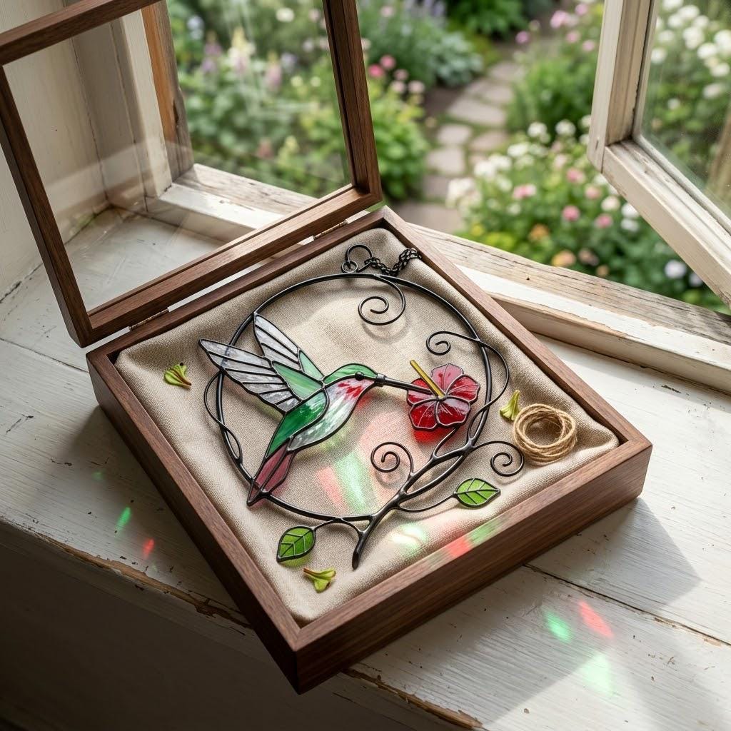 Handcrafted stained glass hummingbird and floral suncatchers in a circular metal hoop, casting colored shadows, packaged in a luxury wooden gift box for Mother's Day.