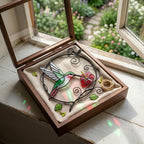 Handcrafted stained glass hummingbird and floral suncatchers in a circular metal hoop, casting colored shadows, packaged in a luxury wooden gift box for Mother's Day.