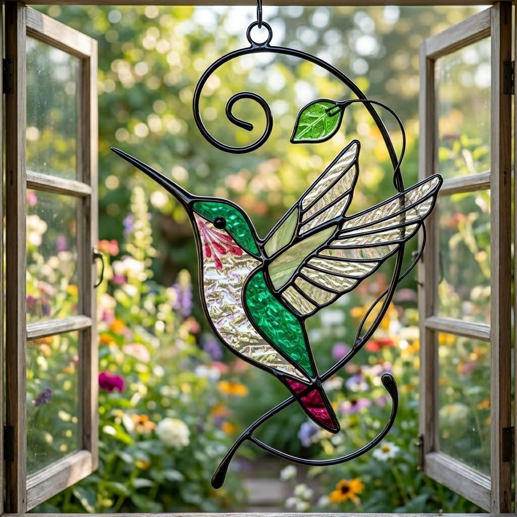 Handcrafted stained glass hummingbird and floral suncatchers in a circular metal hoop, casting colored shadows, packaged in a luxury wooden gift box for Mother's Day.