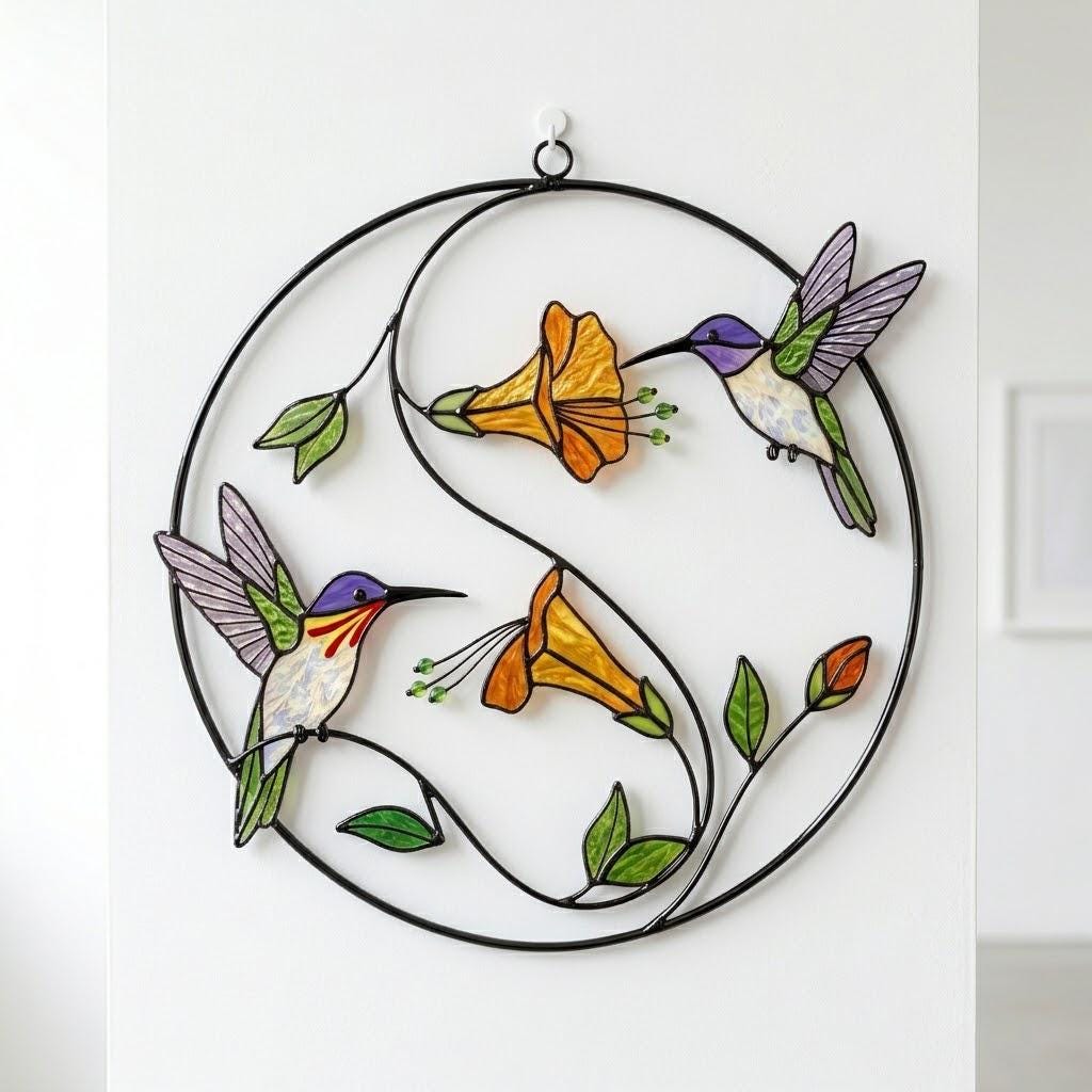 Handcrafted stained glass hummingbird and floral suncatchers in a circular metal hoop, casting colored shadows, packaged in a luxury wooden gift box for Mother's Day.