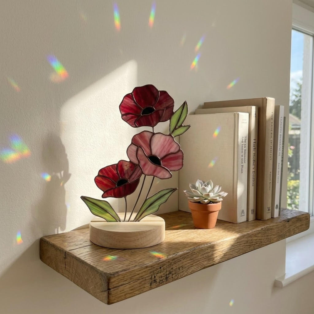 Handmade stained glass red poppy flower bouquet standing on solid wood base, colorful botanical desk decor, memorial remembrance gift for mom.
