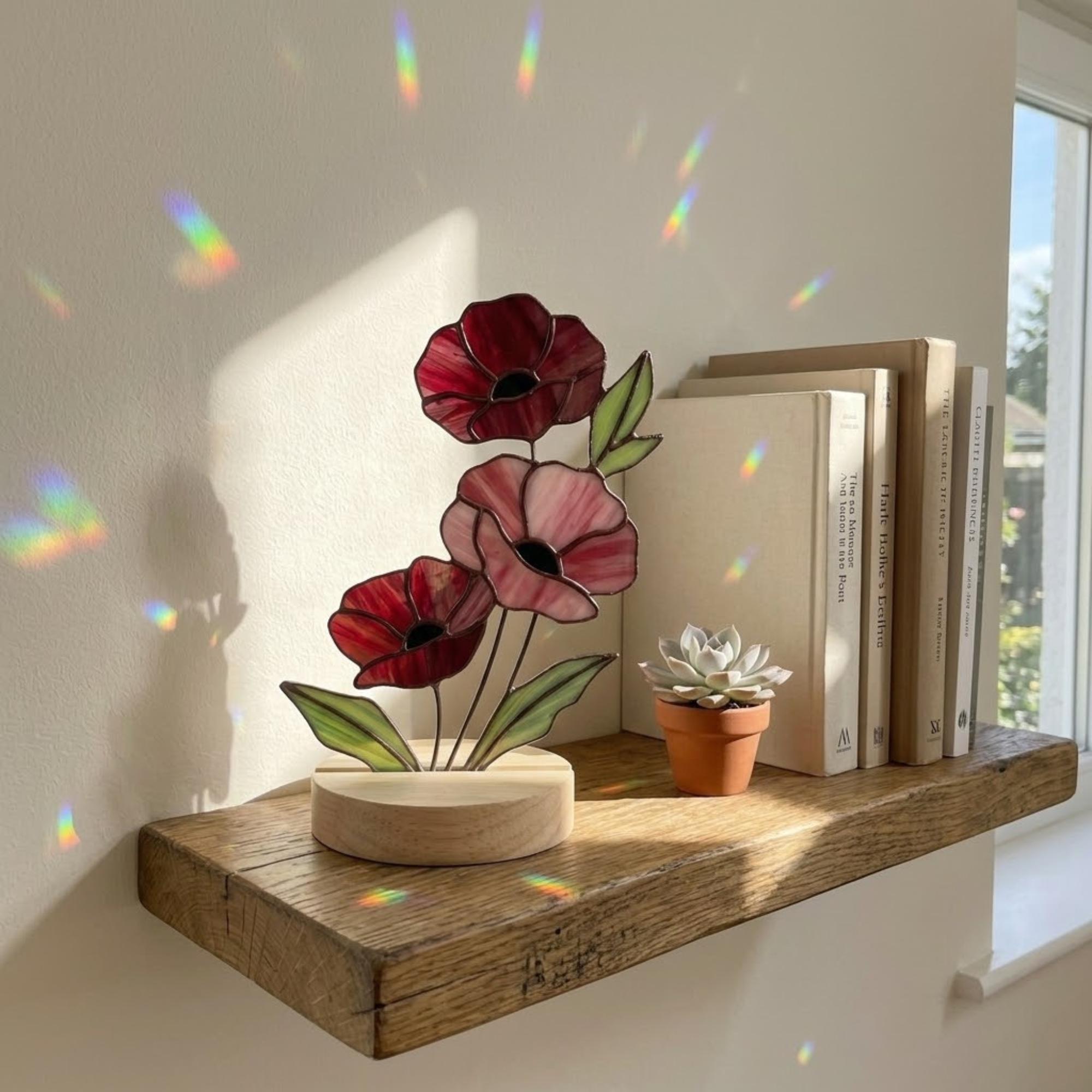 Handmade stained glass red poppy flower bouquet standing on solid wood base, colorful botanical desk decor, memorial remembrance gift for mom.