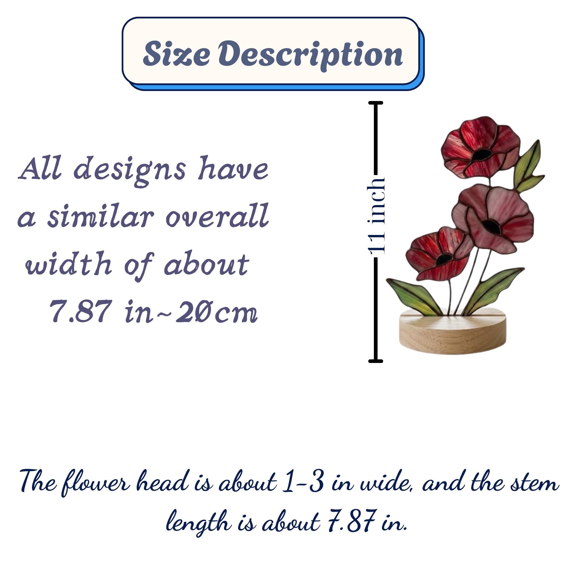 Handmade stained glass red poppy flower bouquet standing on solid wood base, colorful botanical desk decor, memorial remembrance gift for mom.