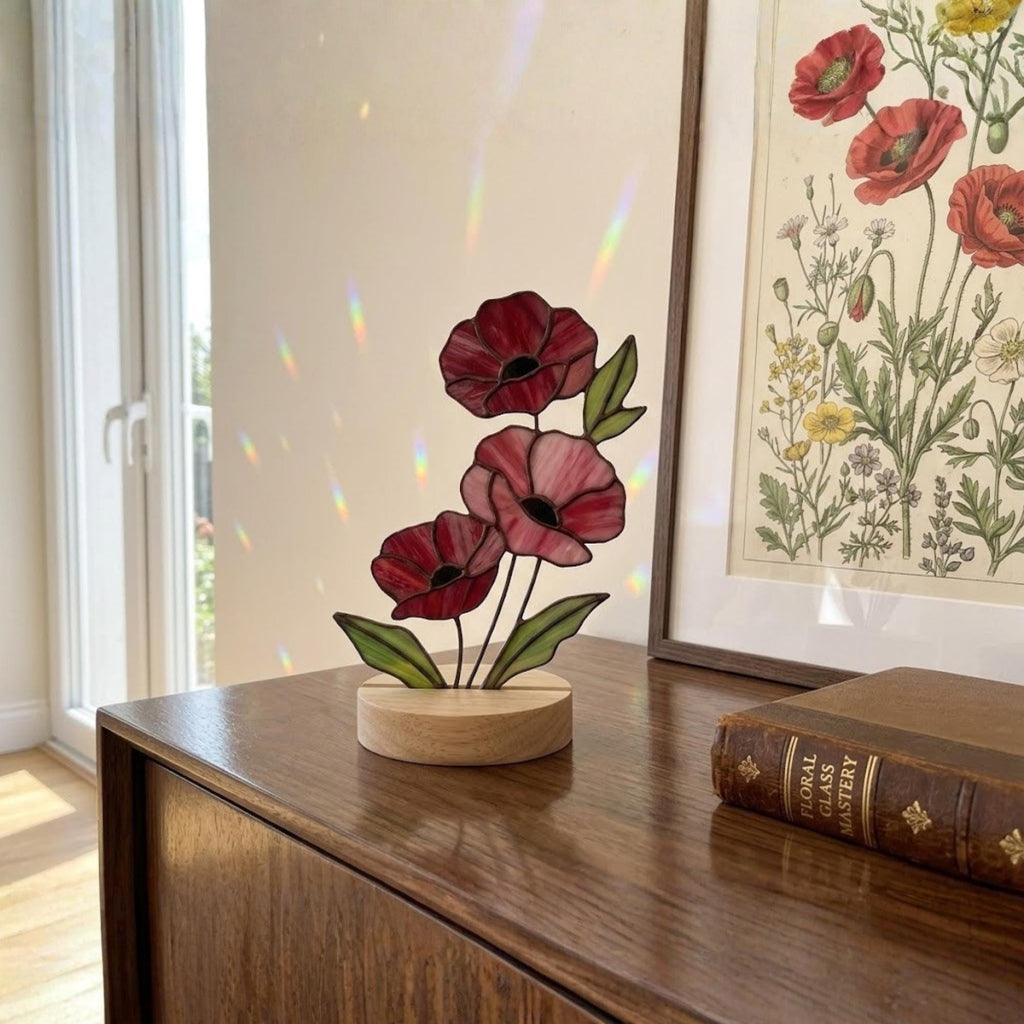 Handmade stained glass red poppy flower bouquet standing on solid wood base, colorful botanical desk decor, memorial remembrance gift for mom.
