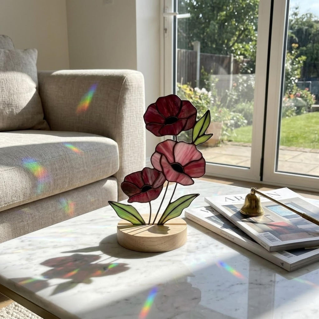 Handmade stained glass red poppy flower bouquet standing on solid wood base, colorful botanical desk decor, memorial remembrance gift for mom.