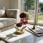 Handmade stained glass red poppy flower bouquet standing on solid wood base, colorful botanical desk decor, memorial remembrance gift for mom.