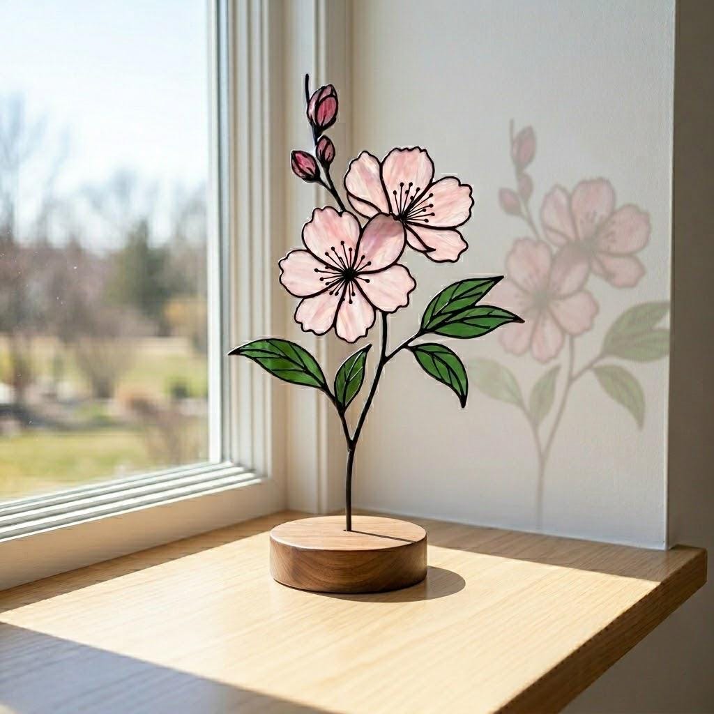Handcrafted 3D stained glass pink cherry blossom sakura flower standing on a solid wooden base casting colored shadows on a desk, perfect Mother's Day gift.