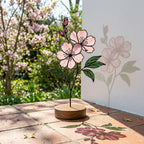 Handcrafted 3D stained glass pink cherry blossom sakura flower standing on a solid wooden base casting colored shadows on a desk, perfect Mother's Day gift.